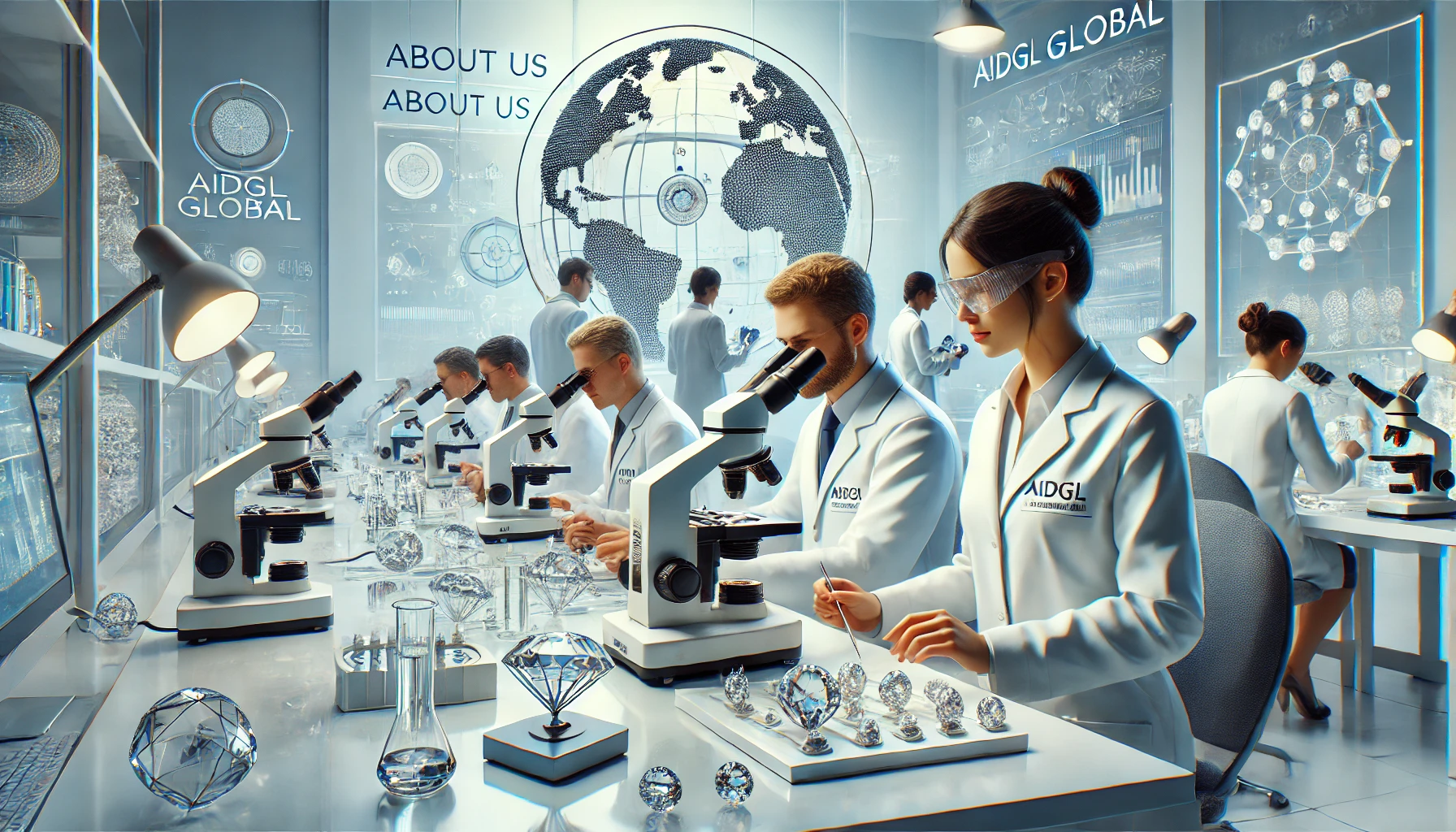 DALL·E 2025-01-16 18.08.26 - A professional team of gemologists wearing white lab coats with the name 'AIDGL Global' printed on them, working together in a high-tech gemological l