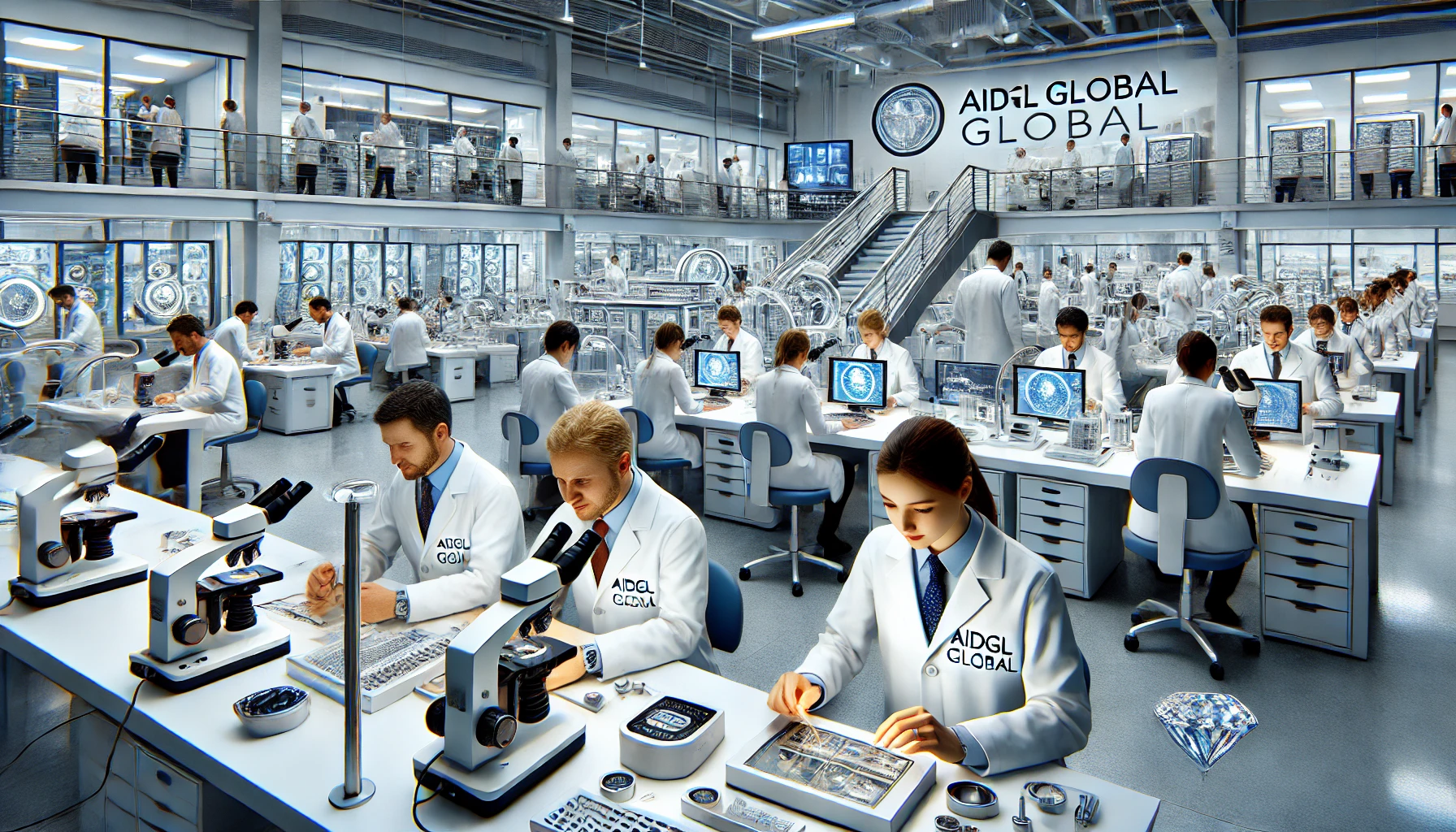 DALL·E 2025-01-17 13.40.45 - A crystal-clear, high-resolution image of an advanced educational setting at AIDGL Global. The scene features gemology students and professionals acti